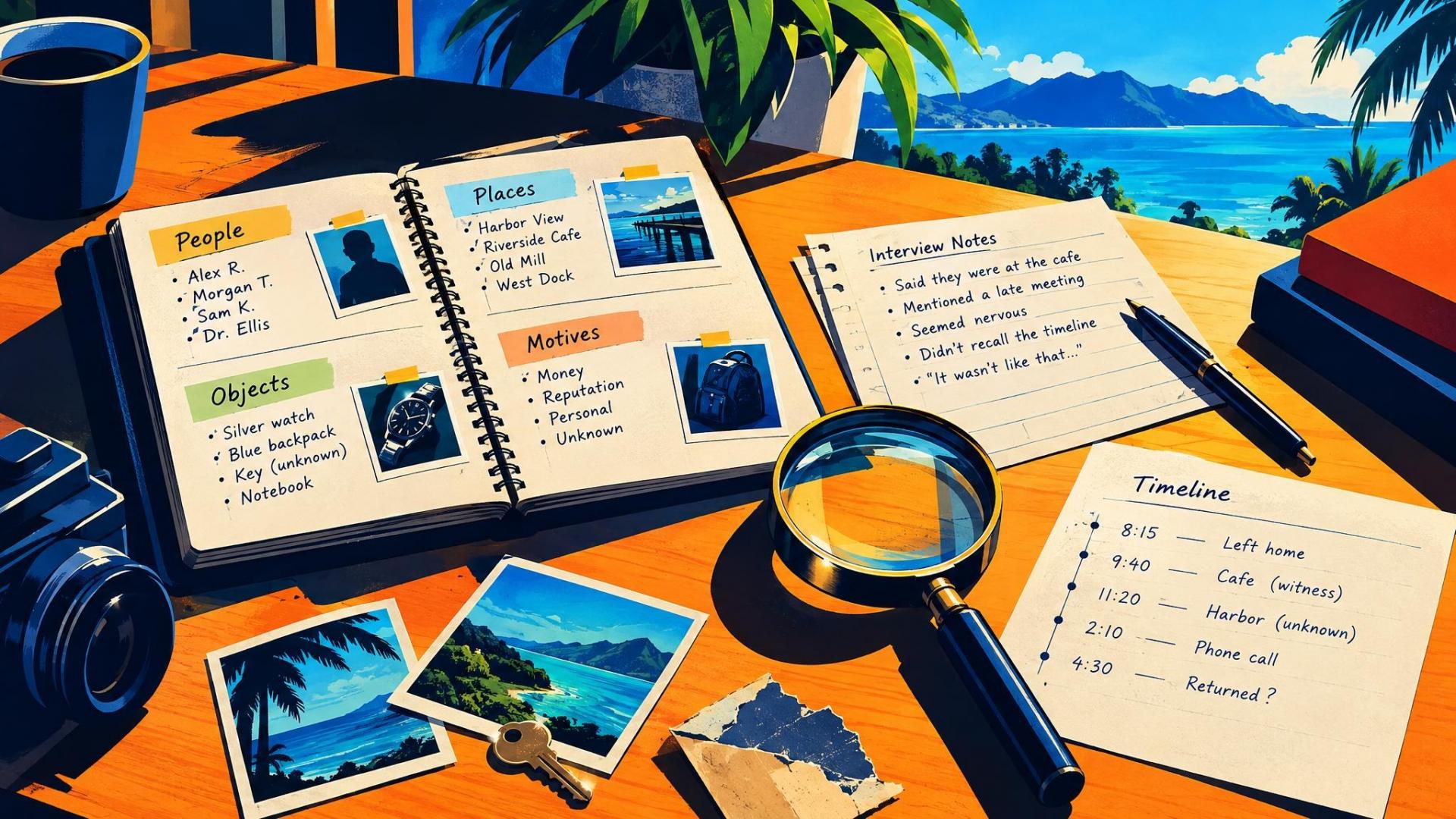 Notebook, timeline, and clues arranged for solving a mystery puzzle.