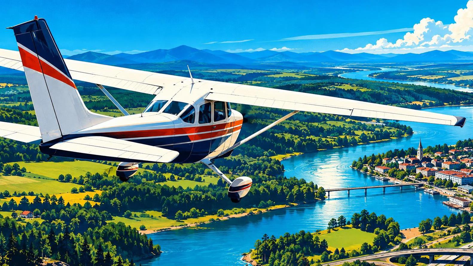 A small general-aviation airplane flying over recognizable landscape checkpoints including a river, roads, and a town.