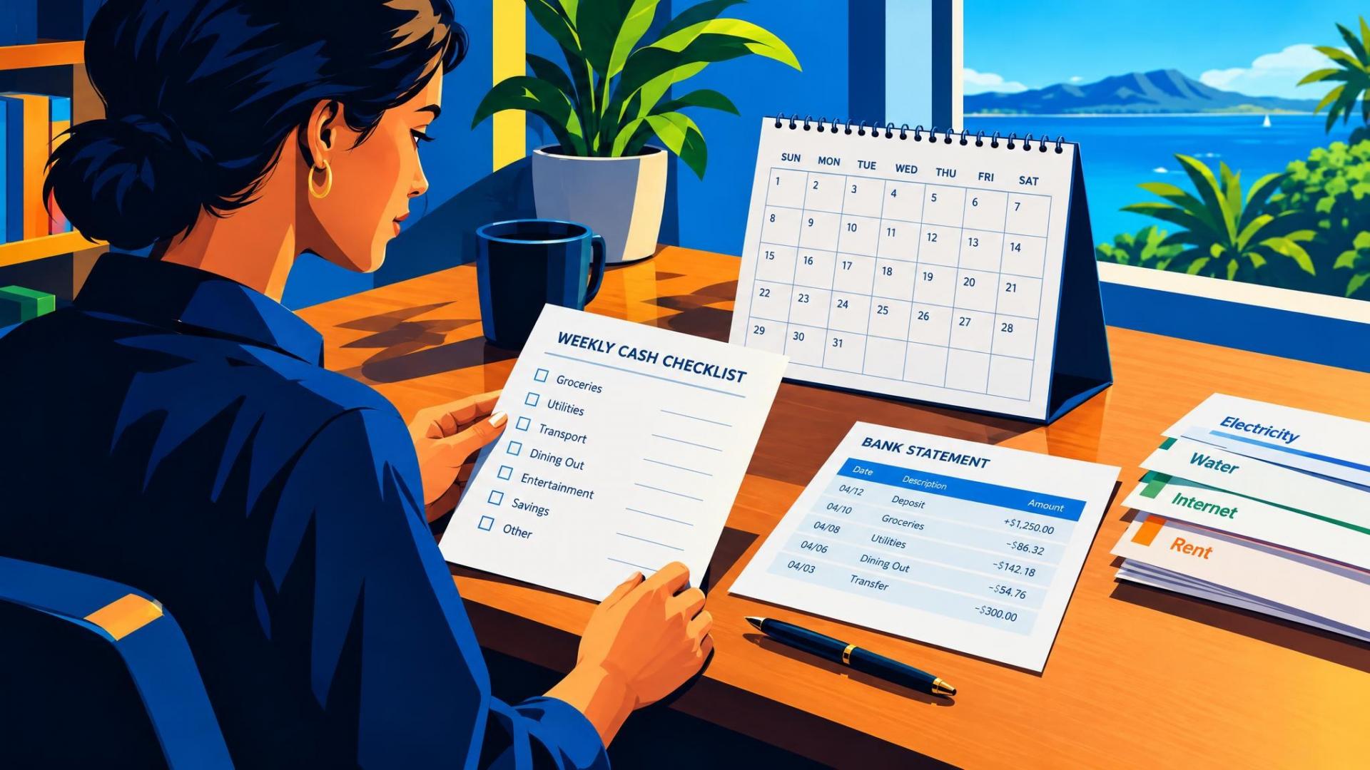 Person reviewing a weekly cash checklist with bills and a calendar at a desk.