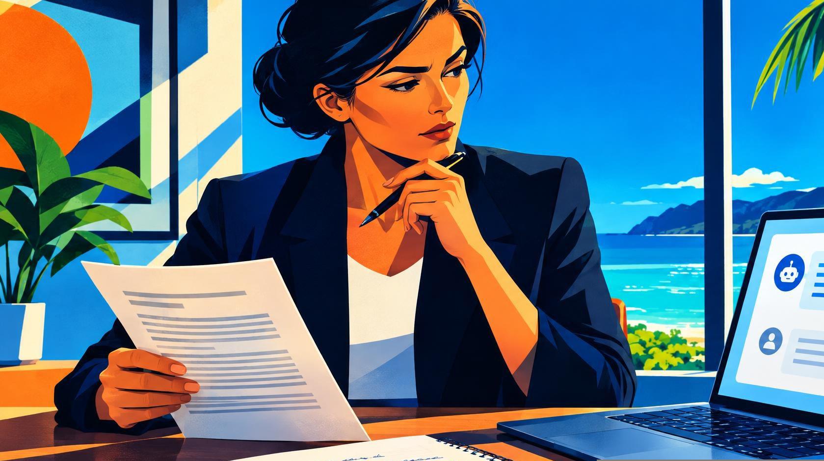 Person checking an AI response against documents and notes at a desk.
