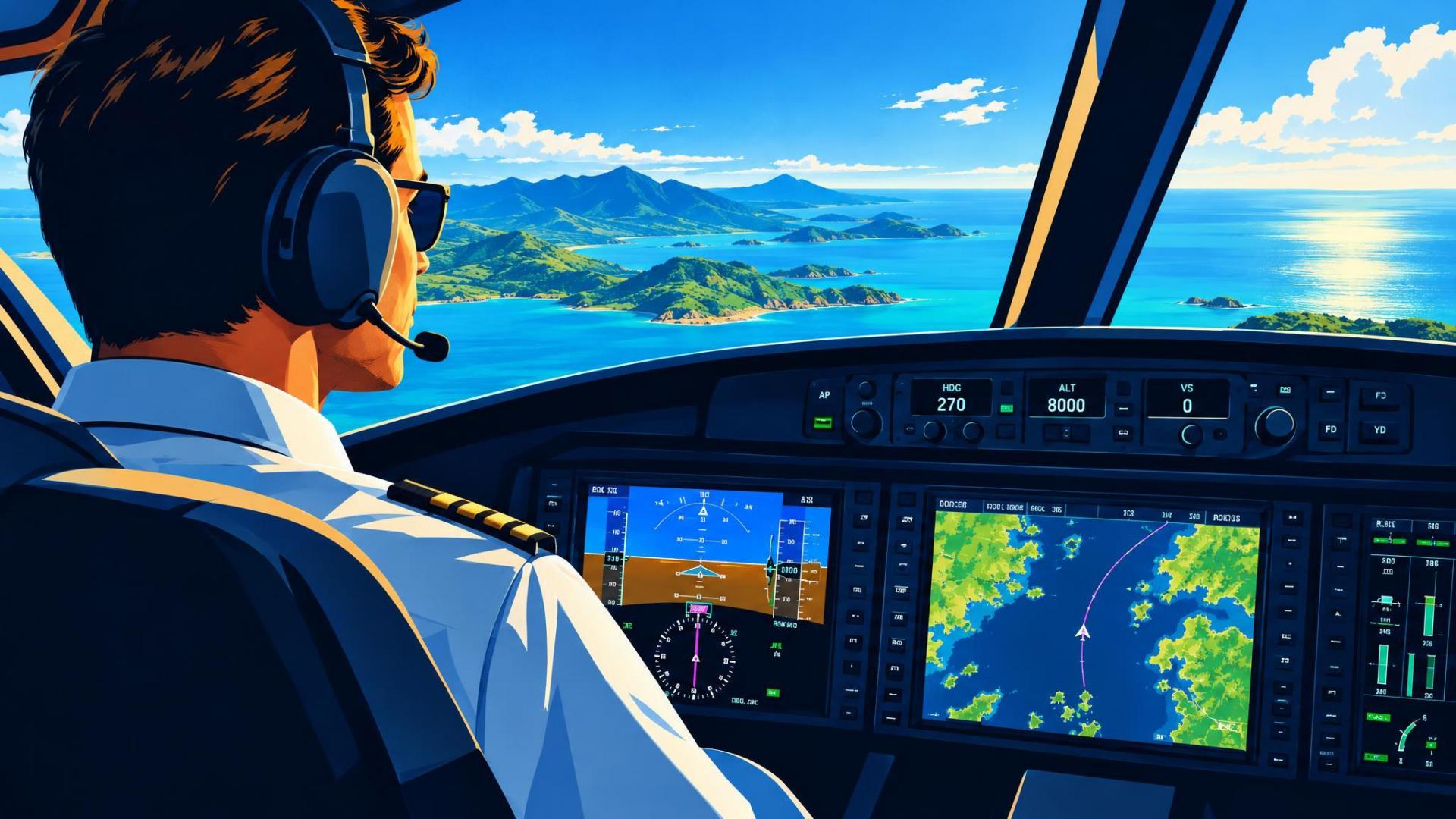 Pilot monitoring a glass cockpit and the view ahead in a general aviation airplane.