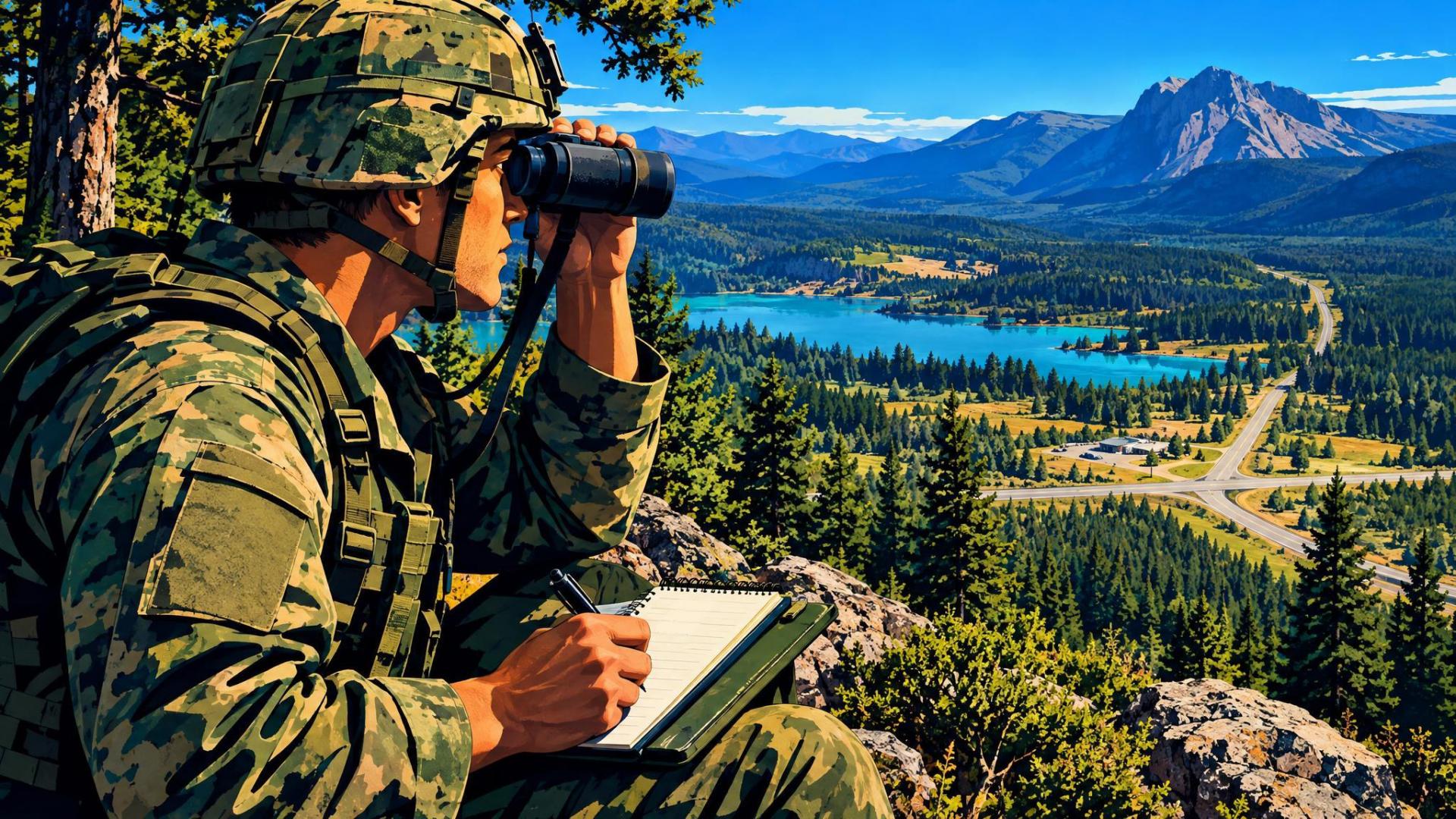A U.S. Army field observer uses binoculars and writes notes beside a wooded observation point.