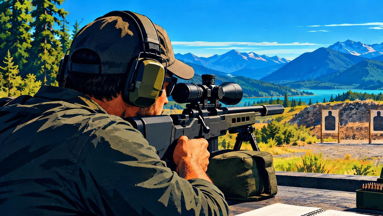 Precision-rifle shooter at a supervised outdoor range recording notes beside bench-rest equipment.
