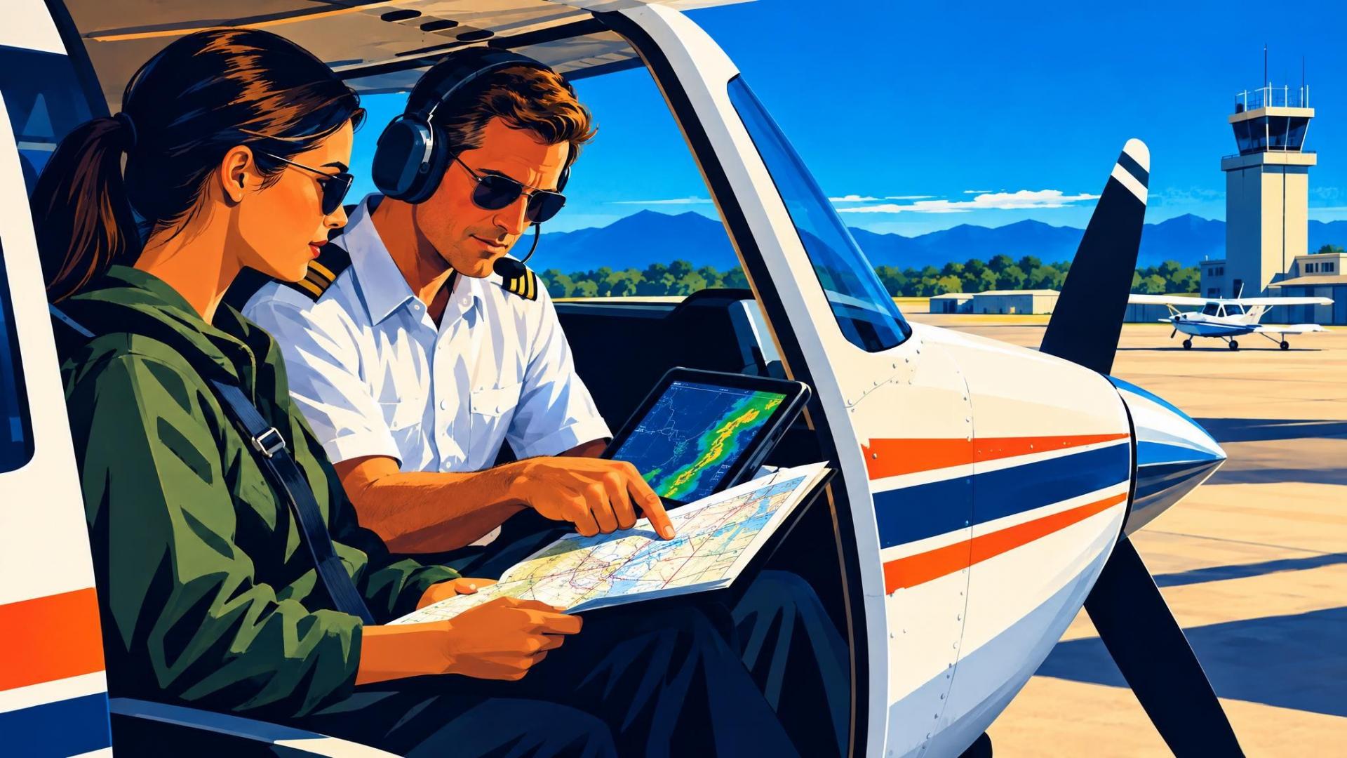 Flight instructor and student review a planned general-aviation lesson before departure.