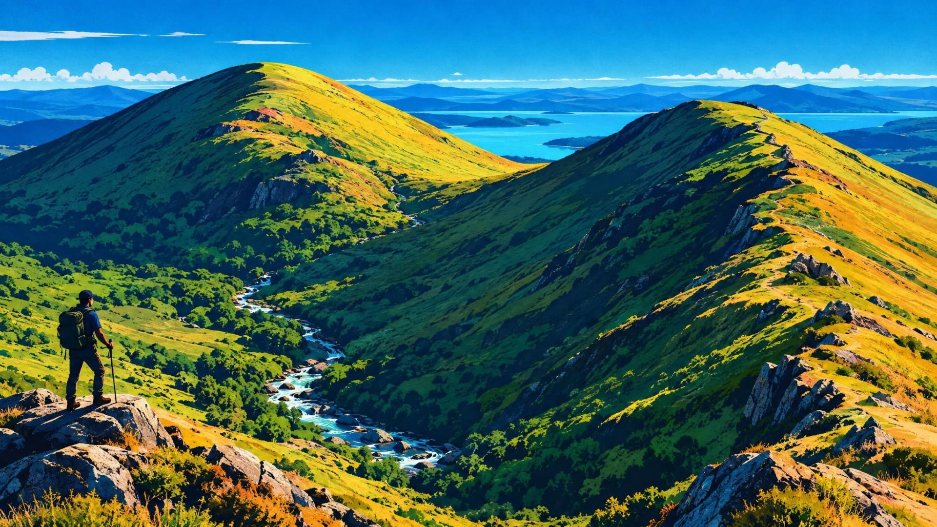 Landscape showing hills, a saddle, a ridge, and a stream valley.