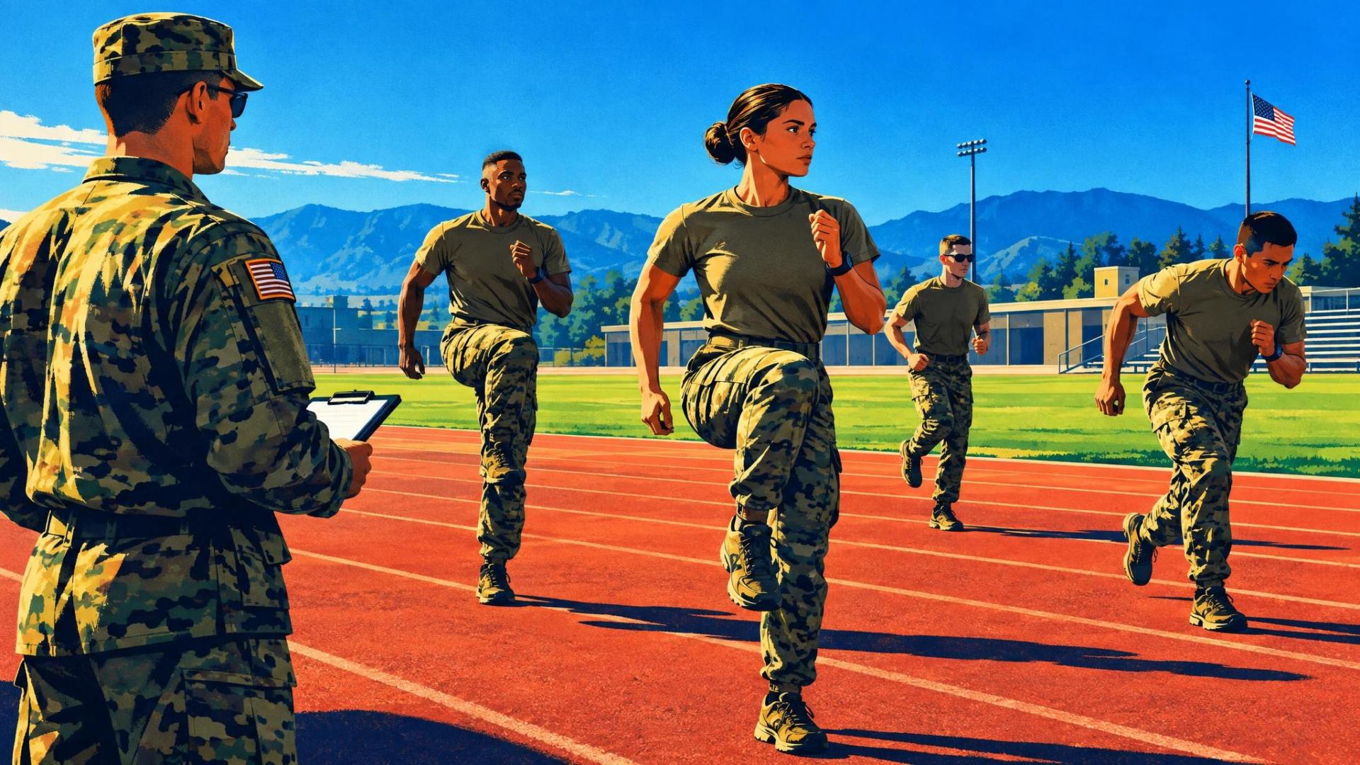 Soldiers perform a controlled warm-up before a running session while a leader observes technique. 