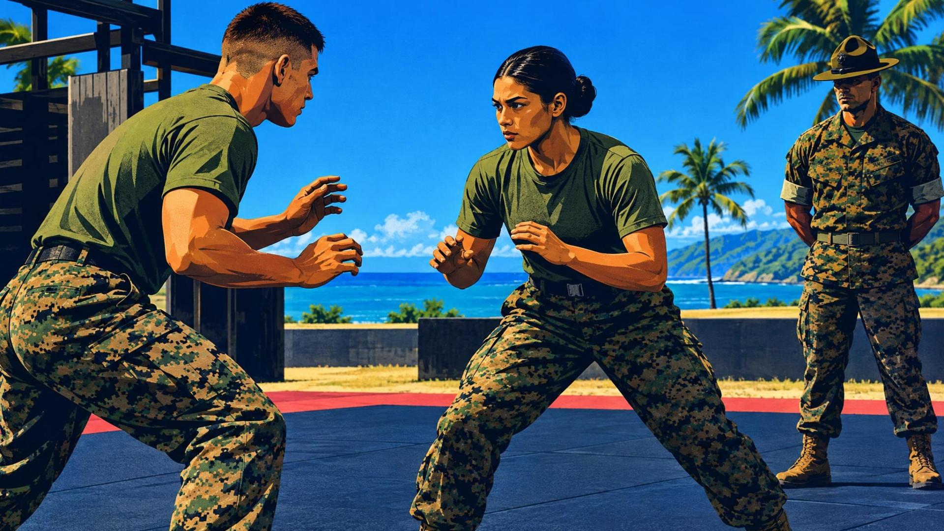 Marines preparing for supervised MCMAP training while an instructor observes.