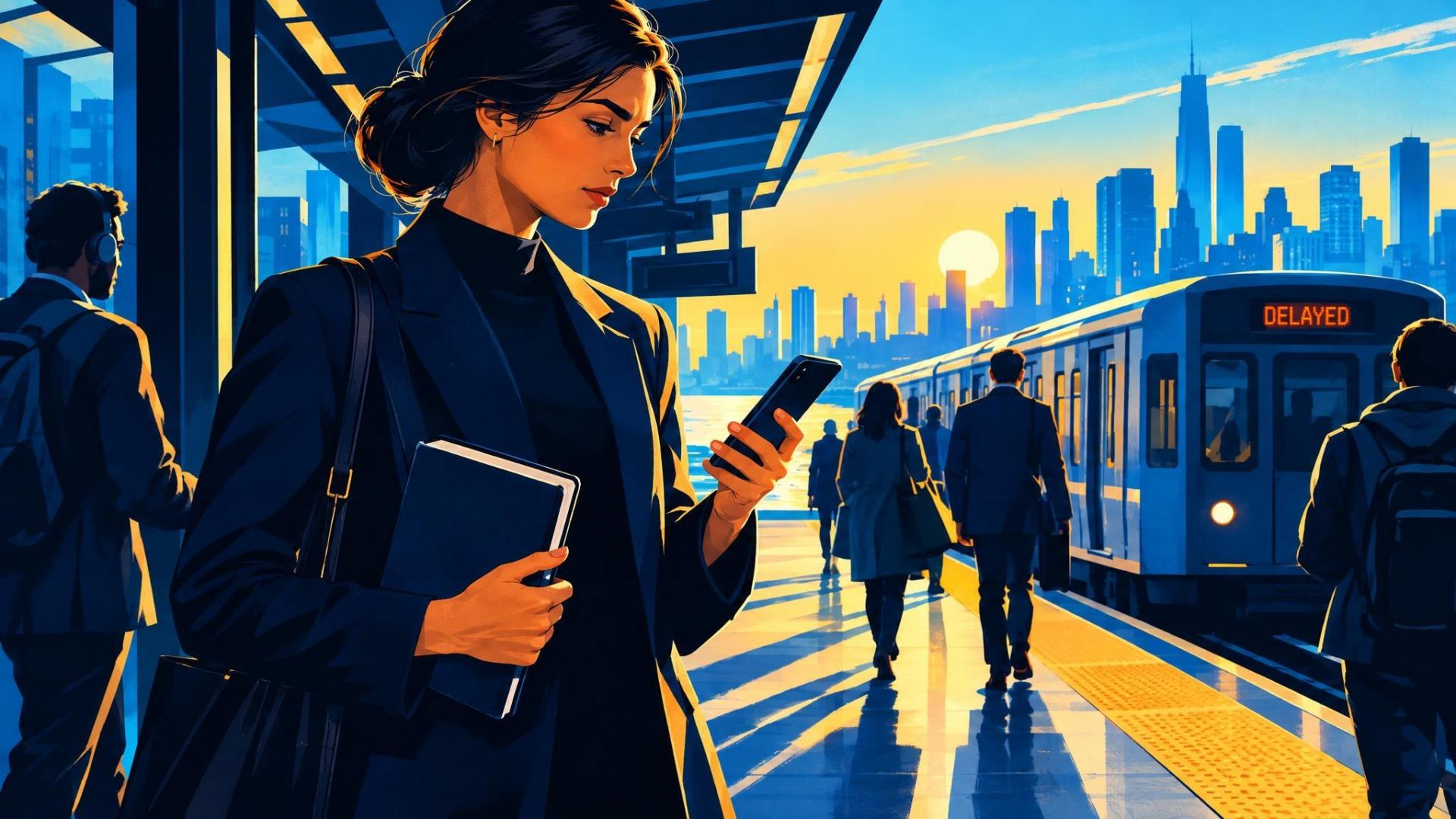 A commuter pauses with a notebook and phone at a transit platform, considering how to respond before reacting.