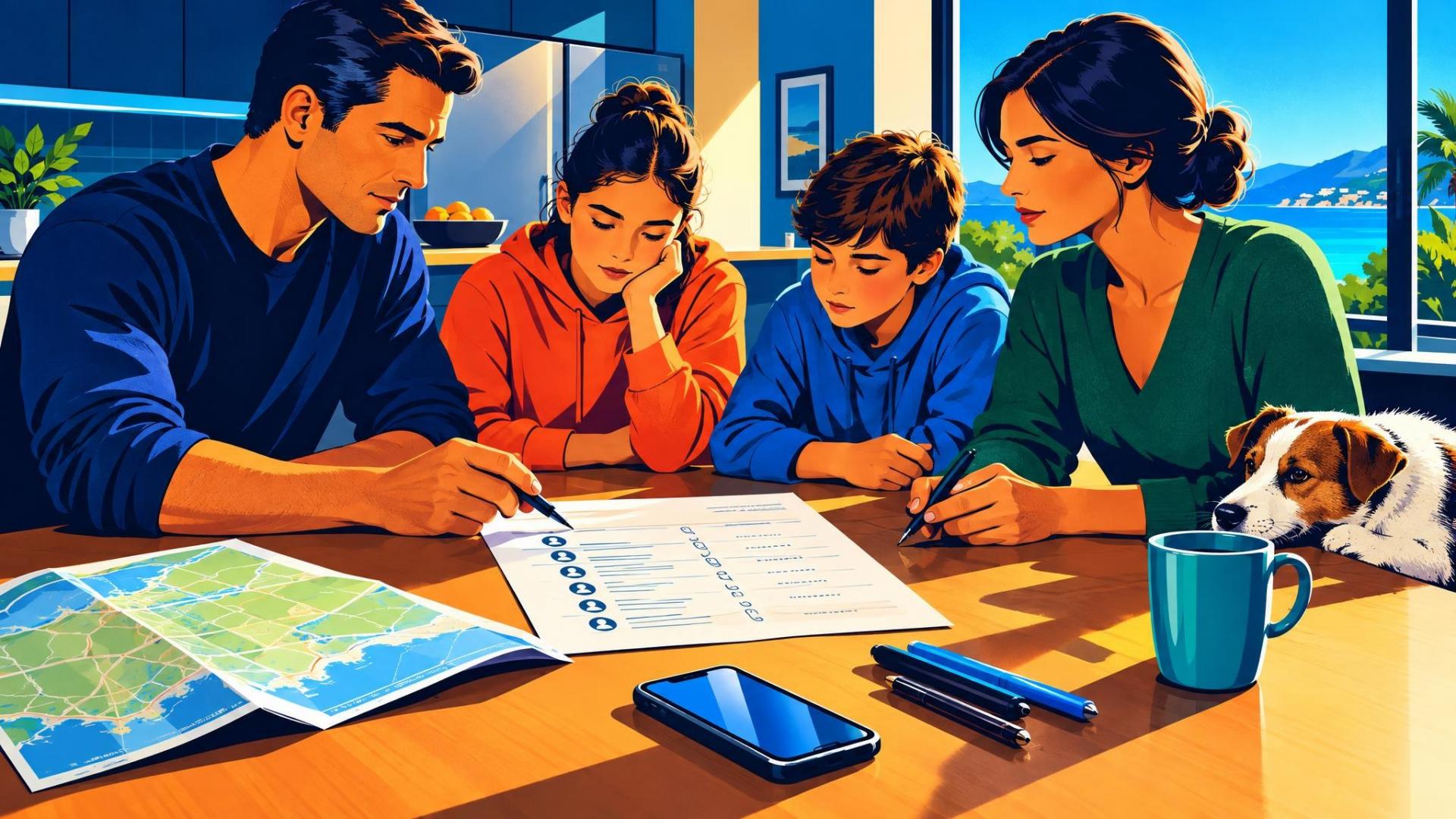 Household members making an emergency communication plan at a kitchen table.