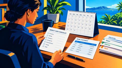 Person reviewing a weekly cash checklist with bills and a calendar at a desk.
