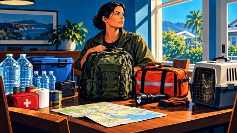 Three separate emergency kits for home, evacuation, and vehicle use arranged in a family home.