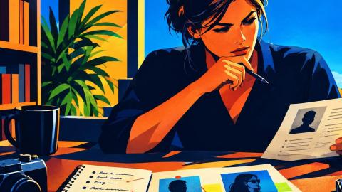 An amateur detective compares case clues and competing theories at a desk.