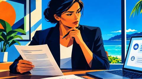 Person checking an AI response against documents and notes at a desk.