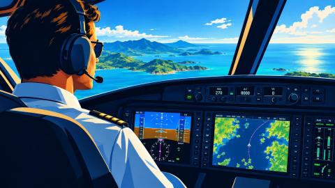 Pilot monitoring a glass cockpit and the view ahead in a general aviation airplane.
