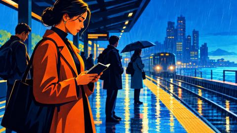 Commuter calmly planning next steps during a rainy transit delay.