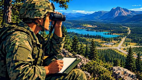 A U.S. Army field observer uses binoculars and writes notes beside a wooded observation point.