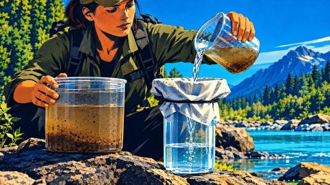 Cloudy water being settled and strained through cloth into a clean container before treatment.