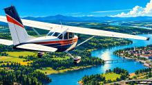 A small general-aviation airplane flying over recognizable landscape checkpoints including a river, roads, and a town.