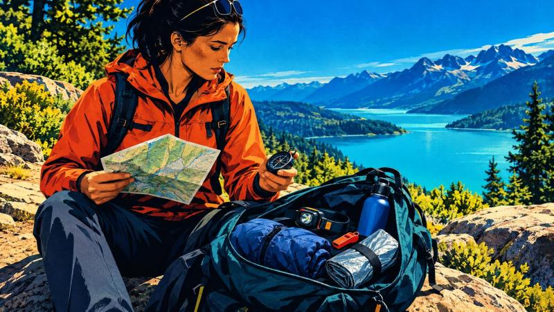 Hiker checks emergency supplies from a day pack before deciding what to do.