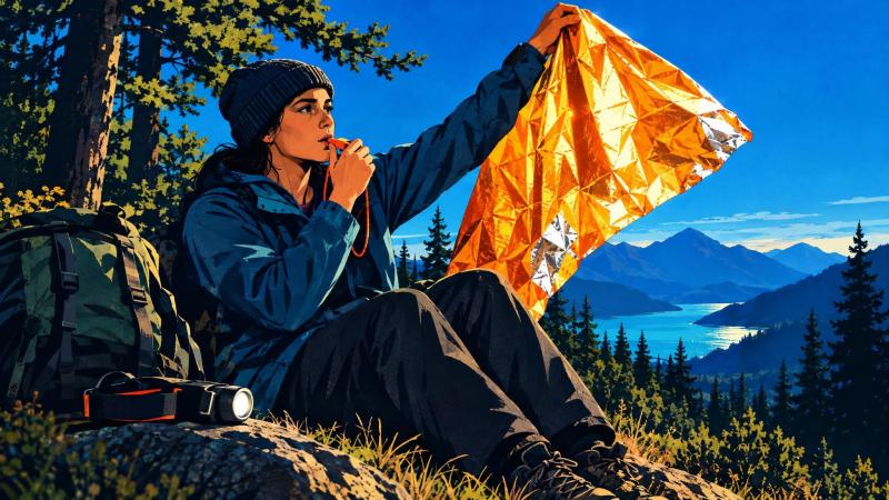 Hiker signals for help from a sheltered, visible location using a whistle and bright emergency blanket.