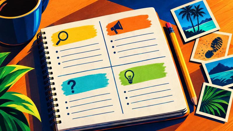 A mystery solver separates facts, claims, questions, and deductions in a notebook.