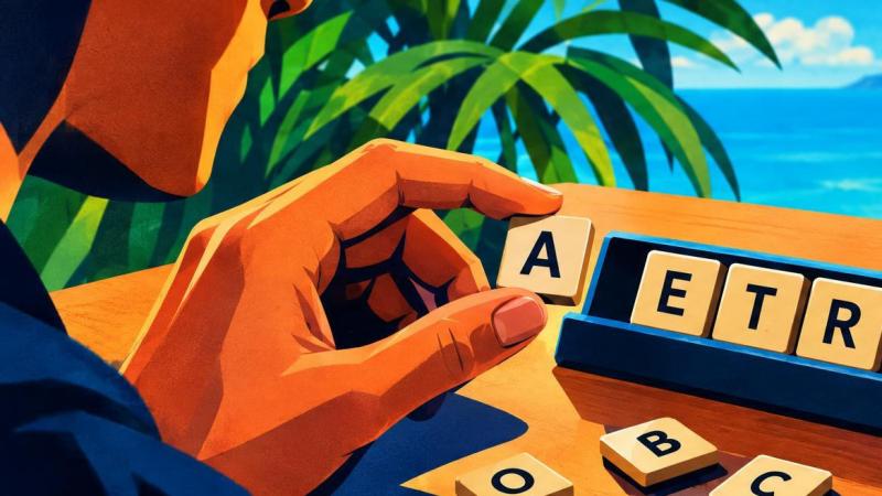 A player rearranges letter tiles on a Scrabble rack while considering the next move.