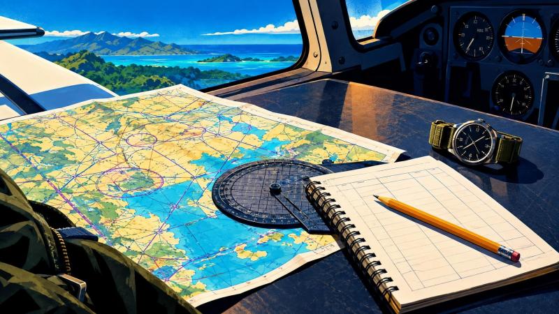 A sectional chart and handwritten flight log prepared for a cross-country flight.