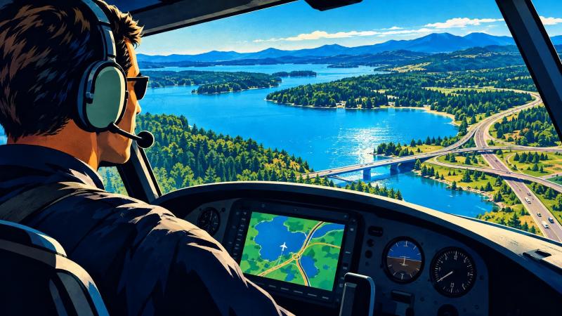 A pilot compares visible landmarks ahead with a cockpit navigation display.