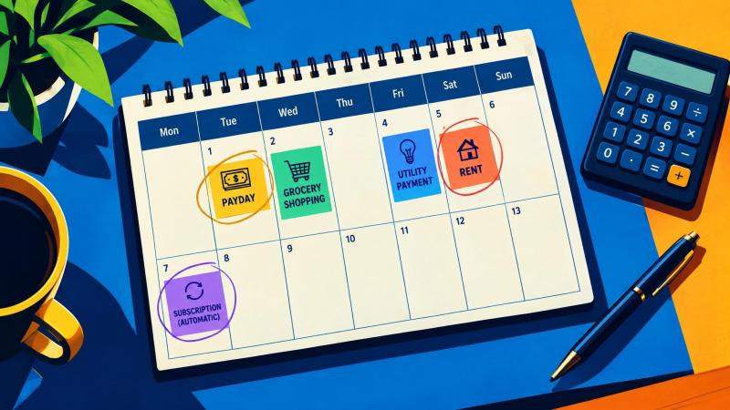 Weekly calendar showing income and bills arriving on different days.