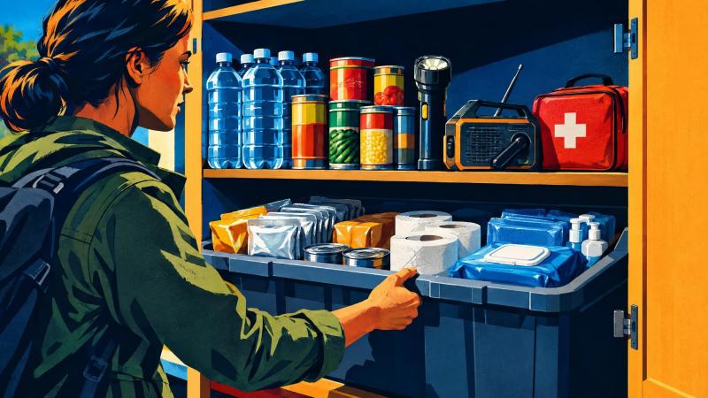 Home emergency supplies organized in a storage container.