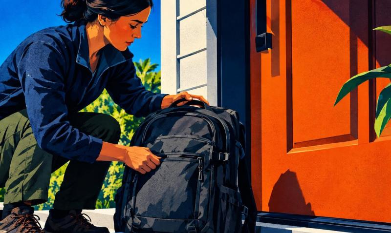 A portable emergency go-bag prepared near a home exit.