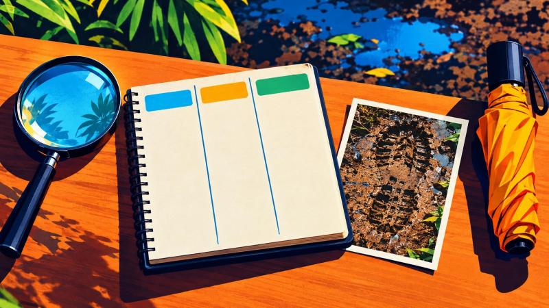 A notebook organizes a mystery clue into evidence, inference, and assumptions.