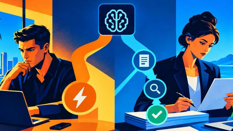 Conceptual comparison between acting on an unchecked AI answer and verifying it with reliable sources.