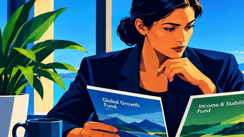 Investor comparing fund prospectuses and fee information at a desk.