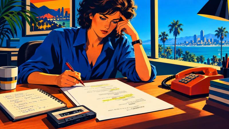 Writer checking 1980s dialogue with notes, a cassette, and a corded telephone on the desk.