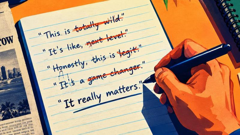 A dialogue page revised to replace excessive slang with one carefully checked period expression.