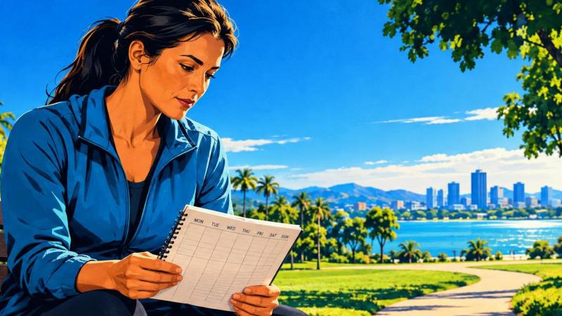 Person planning a simple weekly outdoor fitness routine beside a park bench.