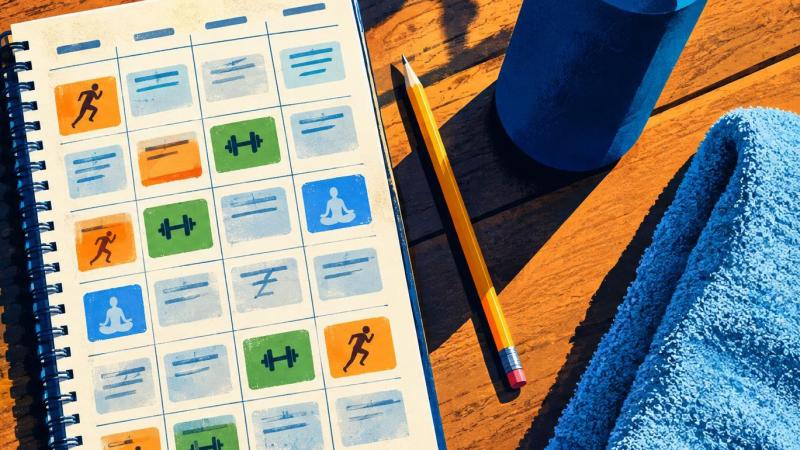 Simple weekly fitness schedule with shoes and workout items.