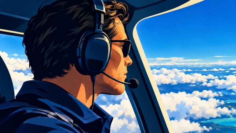 Pilot maintaining outside awareness while monitoring a glass cockpit in flight.