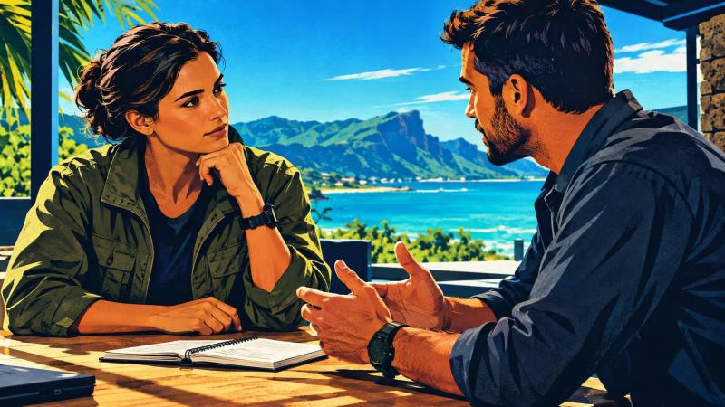 A team leader and colleague having a focused feedback conversation at a table.