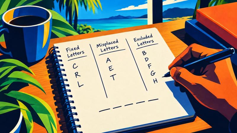 A notepad organizes word-puzzle clues into fixed, misplaced, and excluded letters.