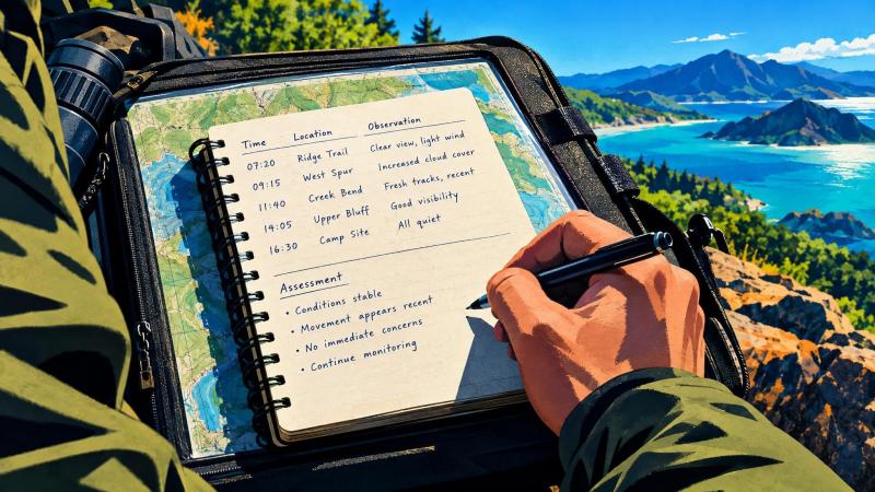 A field notebook organized with time-stamped observations and separate assessment notes.
