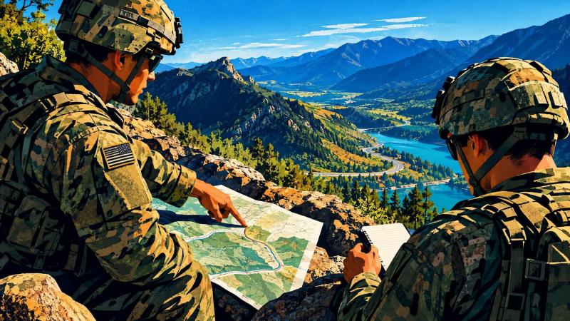 Two U.S. Army personnel review a map and observation notebook during a field handoff.