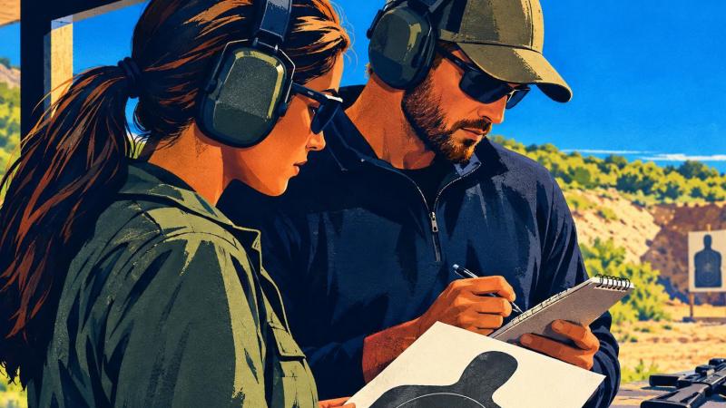 Two shooters review target results and training notes after a safe range session.