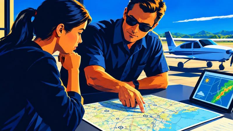Student and instructor compare route, weather, and alternate-airport options before a lesson.