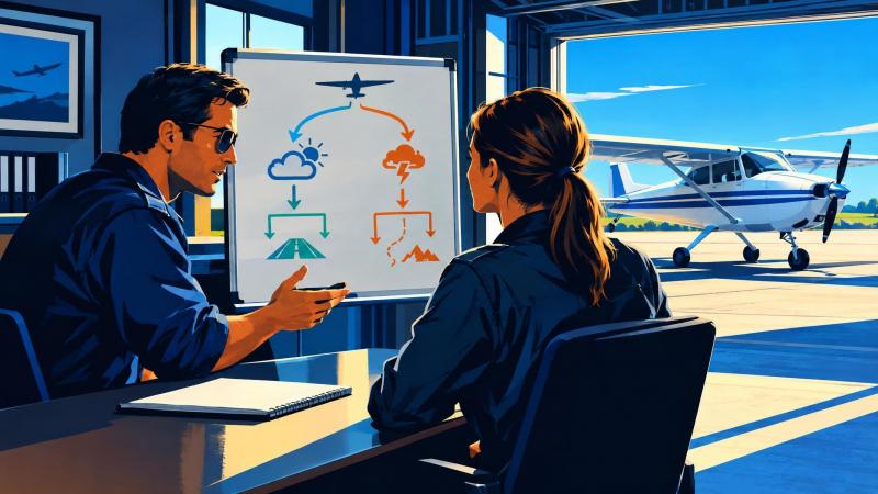 Instructor and student conduct a postflight debrief focused on decisions made during the lesson.