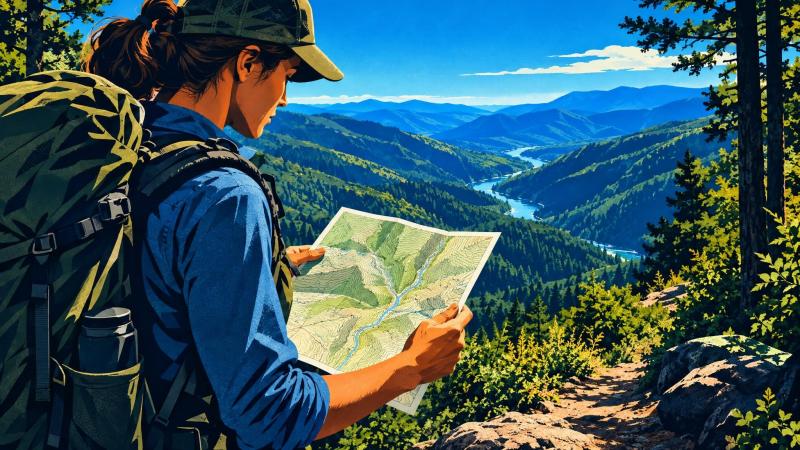 Hiker comparing a topographic map with the surrounding ridges and valley.