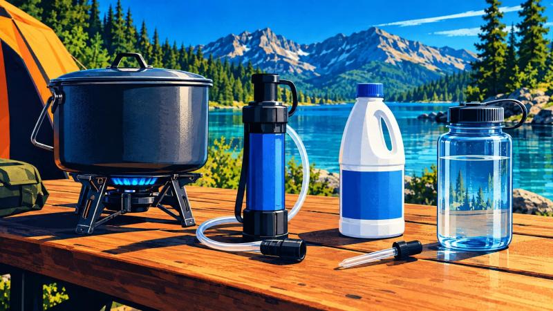 Boiling, filtering, and chemical-disinfection supplies arranged beside a separate covered container of treated water.