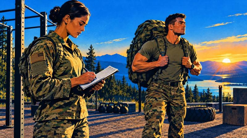 Two Soldiers prepare for a structured outdoor physical-training session, checking a simple workout plan before loaded carries.