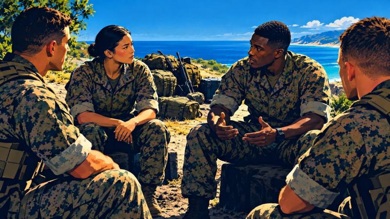 Marines taking part in a guided discussion after martial-arts training.